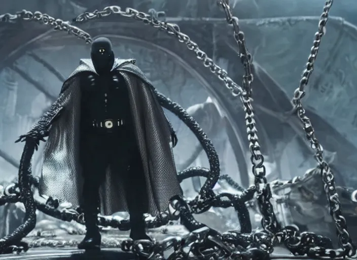 Image similar to film still of jamie foxx as spawn in the new spawn movie, giant chains, large cape, 8 k