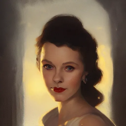 Image similar to closeup portrait of a young vivian leigh, seductive smile, chiaroscuro, city background, golden hour, dramatic lighting, warm cold contrast, high detail, painted by greg rutkowski, painted by igor kieryluk, trending on artstation