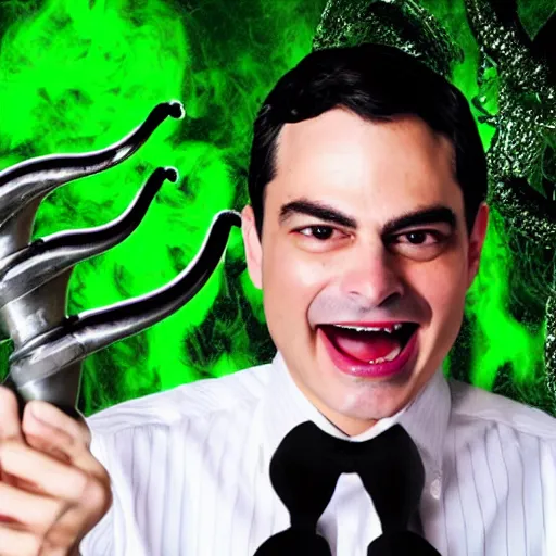 Image similar to ben shapiro with big horns and long curls, sinister smile with green slime dripping from mouth, dollar signs, cinematic