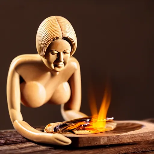 Image similar to wooden sculpture of a blonde lady in a bikini cooking sardines, polished maple, thoughtful, elegant, real