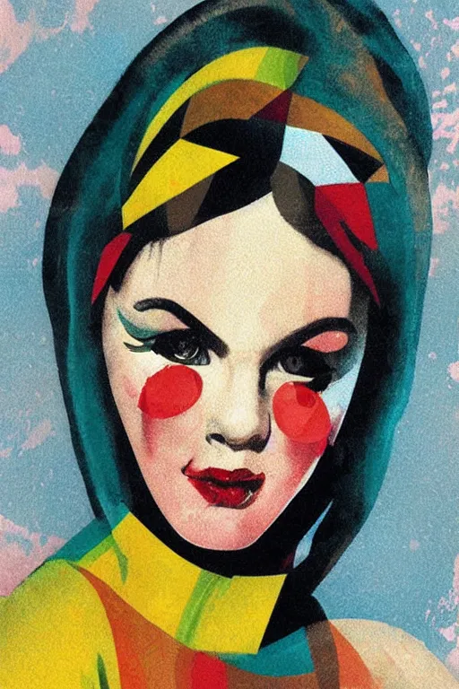 Prompt: beautiful digital oil vintage harlequin girl by Maio 60s