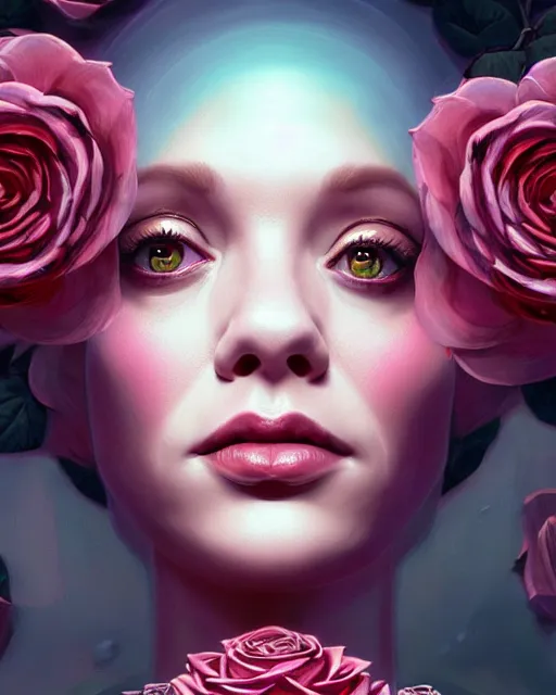 Prompt: perfectly - centered!! looking camera!! symmetrical!! portrait of christina hendricks with roses, baroque, roses, intricate abstract upper body intricate artwork, by tooth wu, wlop, beeple, dan mumford. concept art, octane render, deviantart, greg rutkowski, cinematic arthouse, key art, hyper realism, iridescent accents