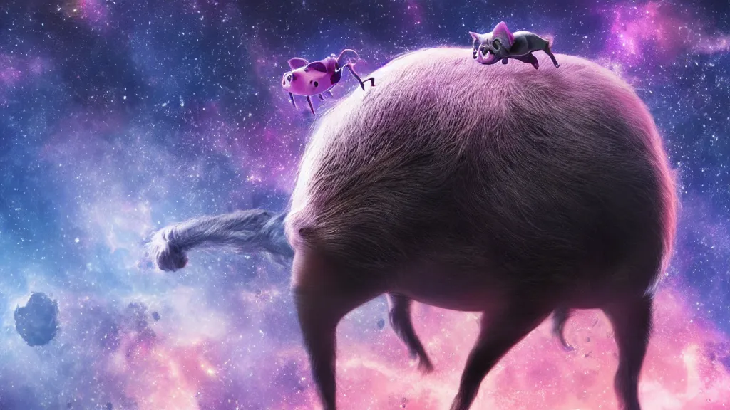 Image similar to spider pig hybrid on a planet. close bottom view. whole body. nebula background. cinematic composition. cinematic lightning. ultra realistic. 8 k. highly detailled. deep space. ultra realistic details. cinematic atmosphere. studio lighting. shadows. dark background.