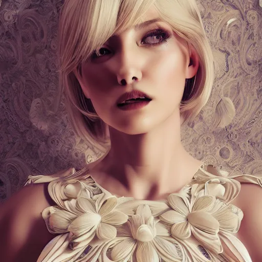 Image similar to beautiful blonde lady in a 3D flower dress , hyperrealistic, ultra detailed, octane render, symmetric, 3d, majestic, dark fantasy, intricate