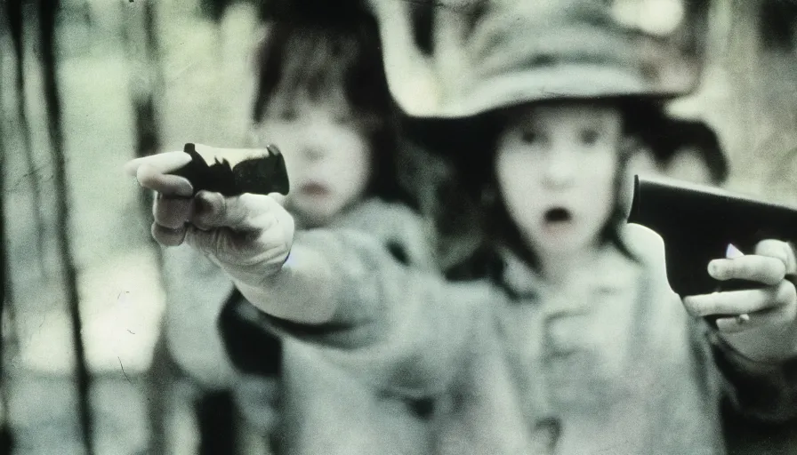 Image similar to 7 0 s film still from a horror movie about children playing with knives and guns, kodachrome, cinecolor, cinestill, film grain, film texture, retro, cinematic, high resolution, photorealism,