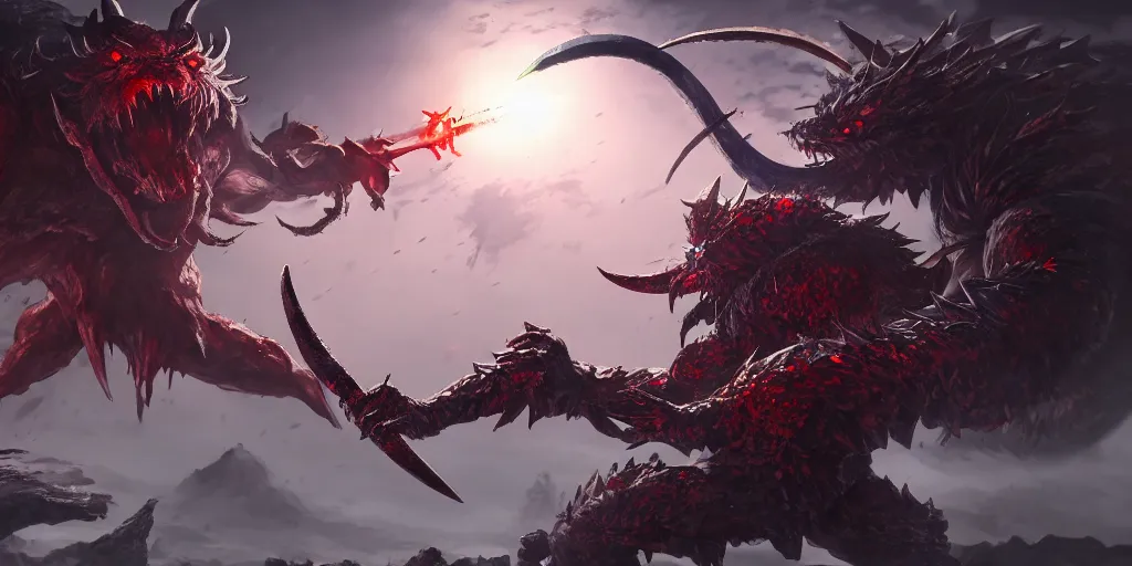 Image similar to concept art of a japan warrior battling a monster, by tsuyoshi nagano, ncsoft, aion, hyperdetailed, 8 k, symmetrical, frostbite 3 engine, cryengine, dof, trending on artstation, digital art,