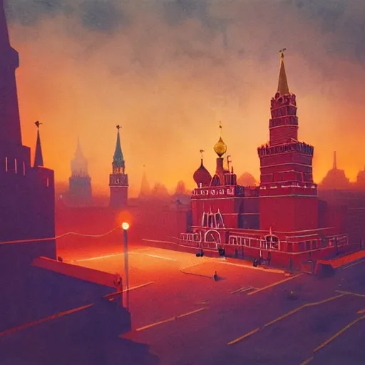 Prompt: a painting of a Red Square in Moscow in flame, a watercolor and matte painting by Beeple and RHADS and maxfield parrish, cgsociety, brutalism, dystopian art, sci-fi, artstation hq