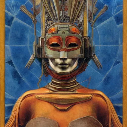 Image similar to the masked robot queen wearing the plasma crown, by Annie Swynnerton and Diego Rivera and Elihu Vedder, symbolist, dramatic lighting, elaborate geometric ornament, Art Brut, soft cool colors,smooth, sharp focus, extremely detailed, Adolf Wölfli and Donato Giancola