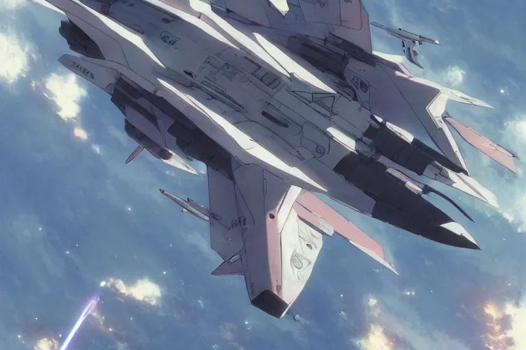 Prompt: 2 0 0 1 space odyssy space fighter jet in orbit by greg rutkowski makoto shinkai takashi takeuchi studio ghibli, akihiko yoshida