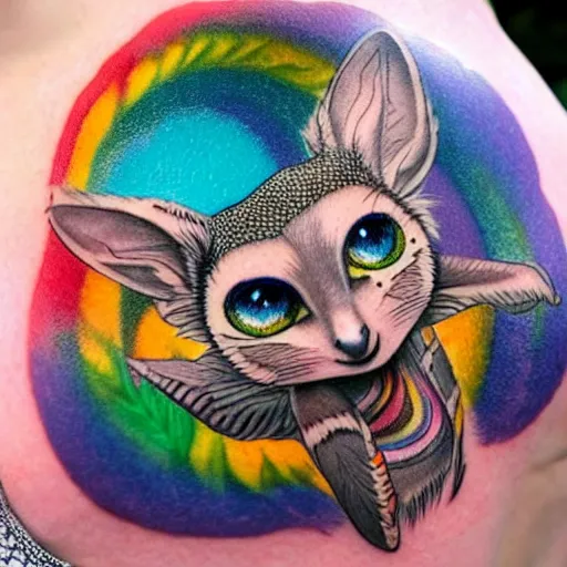 Prompt: shoulder tattoo of a multicolored trippy bushbaby with rainbow colored spiral eyes, long fur in rainbow colors, surrounded with a ring of colorful leaves and flowers, insanely integrate