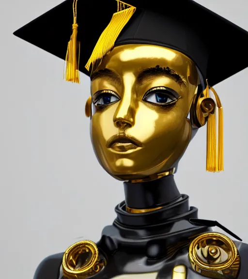 Prompt: a portrait of a extremely intricately detailed beautiful robot wearing on its head a perfect black graduation hat, realism. concept art. unreal engine 5, f / 1. 8, v - ray, ultra hd, 8 k, graduation photo, atmospheric beautiful background and beautiful lighting. hyper realism.