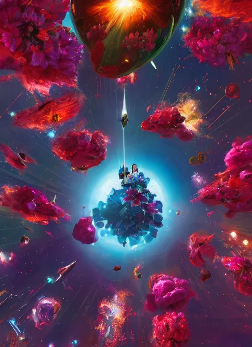 Image similar to An epic fantastic realism comic book style painting of the most beautiful flowers launched into space, bouquets, glorious galactic collision, sharp focus, fisheye, unreal 5, DAZ, hyperrealistic, octane render, dynamic lighting