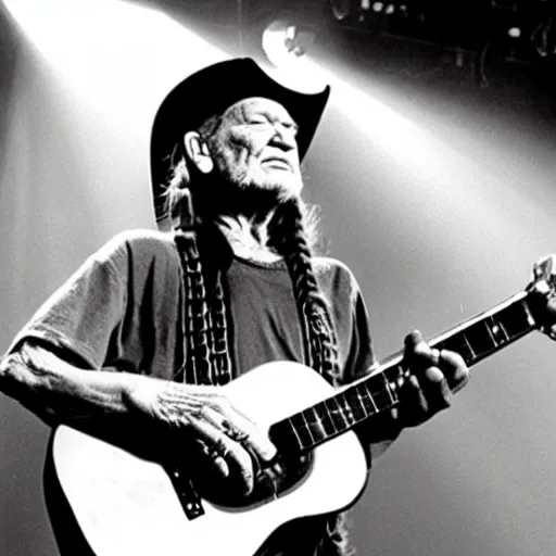 Prompt: willie nelson on stage, four fingers holdingguitar. god rays through fog.