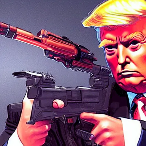 Prompt: cyberpunk donald trump with a shotgun for hands