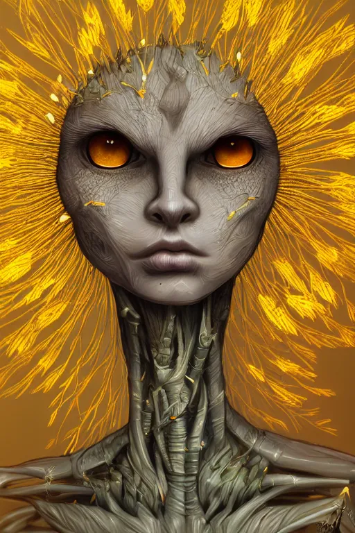 Image similar to a humanoid figure dandelion plant monster, amber eyes, highly detailed, digital art, sharp focus, ambient glow, trending on art station, anime art style