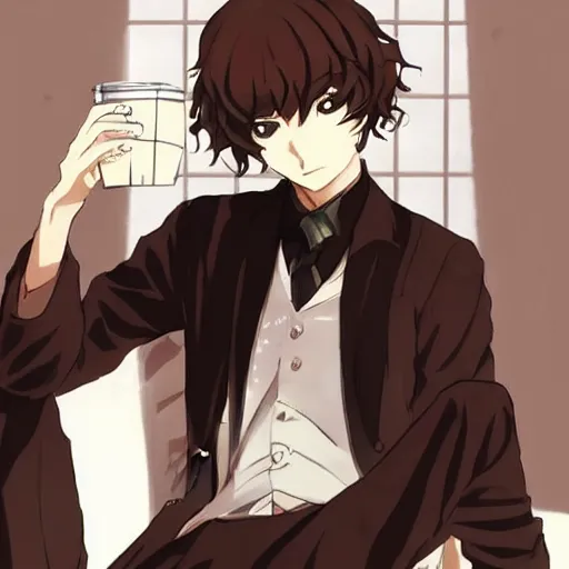 Image similar to Dazai from Bungou Stray Dogs drinking mate