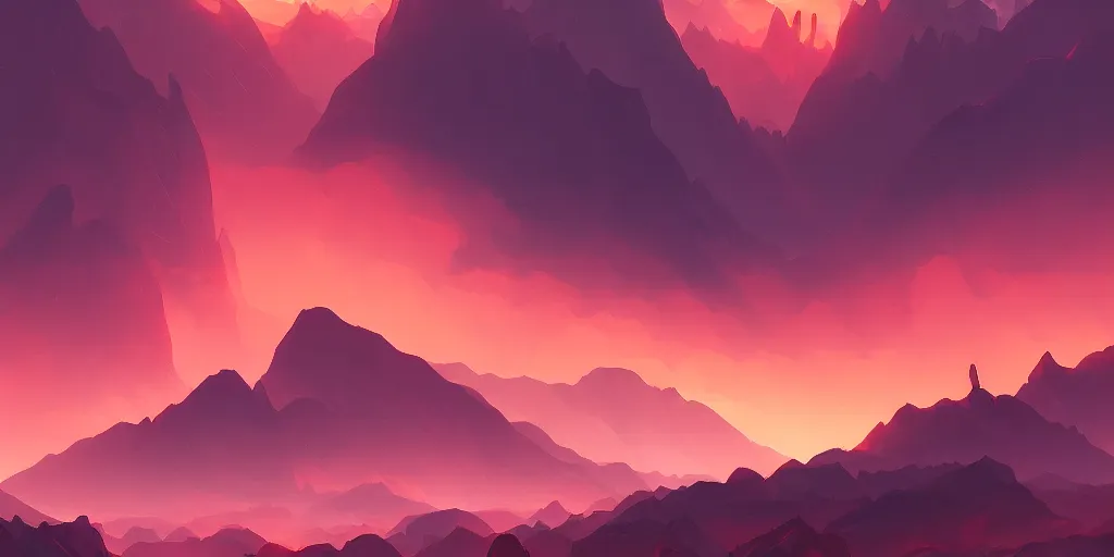 Image similar to Landscape of infernal mountains with red dark sky, ambient lighting, 4k, anime key visual, lois van baarle, ilya kuvshinov, rossdraws, artstation