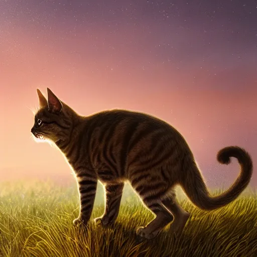 Image similar to cinematic shot of a stray cat who is brown standing on a hill looking to the horizon sunset stars digital painting, artstation, concept art, soft light, hdri, smooth, sharp focus, illustration, fantasy, intricate, elegant, highly detailed, D&D, matte painting, in the style of Greg Rutkowski and Alphonse Mucha and artemisia, 8k, highly detailed, jurgens, rutkowski, bouguereau, pastoral, rustic, georgic