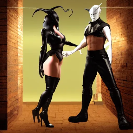 Prompt: a school boy being cornered by a succubus in a leather suit, cracked brick wall, long hall way, volumetric lighting, concept art, detailed, dramatic lighting