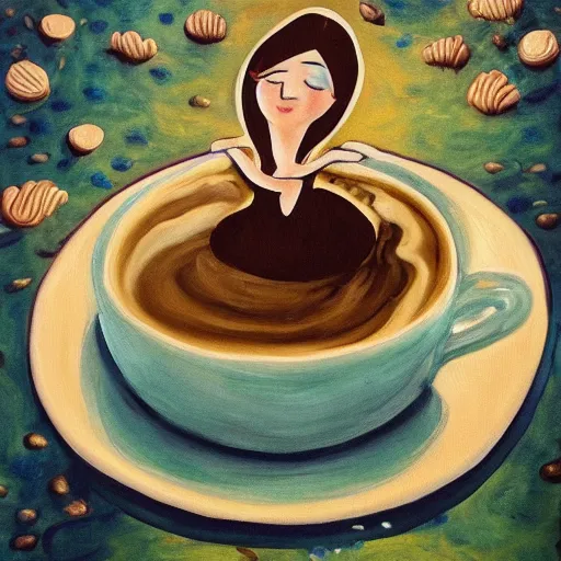 Prompt: a painting of an ocean of coffee, tiny clouds of milk drifting by, a mermaid sitting on a biscuit
