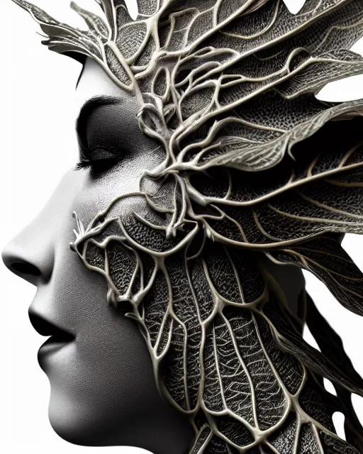 Image similar to bw close - up profile face, black background, beautiful porcelain vegetal dragon cyborg young female, 1 5 0 mm, beautiful natural soft rim light, silver gold details, magnolia leaves and stems, roots, fine lace, mandelbot fractal, elegant, ultra detailed, white metallic armour, octane render, h. r. giger style