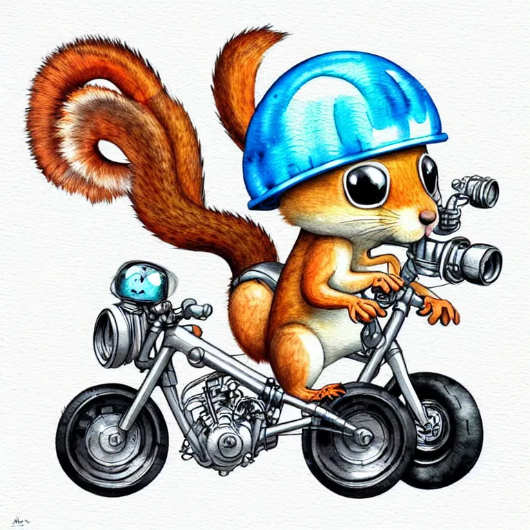 Image similar to cute and funny, squirrel wearing a helmet riding in a hot rod with oversized engine, ratfink style by ed roth, centered award winning watercolor pen illustration, isometric illustration by chihiro iwasaki, edited by range murata, tiny details by artgerm and watercolor girl, symmetrically isometrically centered, sharply focused