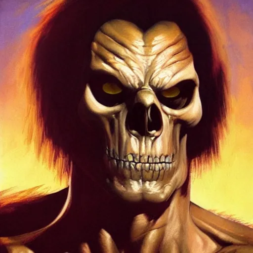 Image similar to ultra realistic portrait painting of skeletor as wolverine, art by frank frazetta, 4 k, ultra realistic, highly detailed, epic lighting