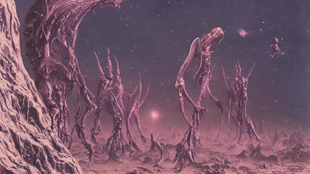 Image similar to a dark space alien is encountered during a space walk on planet Enduria b, in the style of Wayne Barlowe