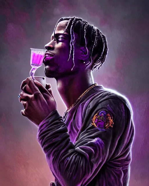 Image similar to travis scott holding cup of codeine, accurate details, detailed face, purple liquid in cup glowing, fantasy, dramatic, intricate, elegant, highly detailed, digital painting, artstation, concept art, smooth, sharp focus, illustration, art by Gustave Dore, octane render