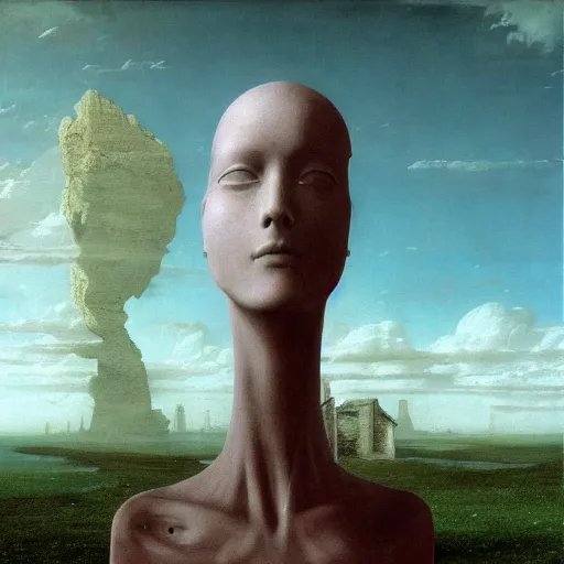 Image similar to whimsical hyperrealistic surrealism, David Friedrich, award winning masterpiece with incredible details, Zhang Kechun, a surreal vaporwave vaporwave vaporwave vaporwave vaporwave painting by Thomas Cole of a gigantic broken mannequin head sculpture in ruins, astronaut lost in liminal space, highly detailed, trending on ArtStation