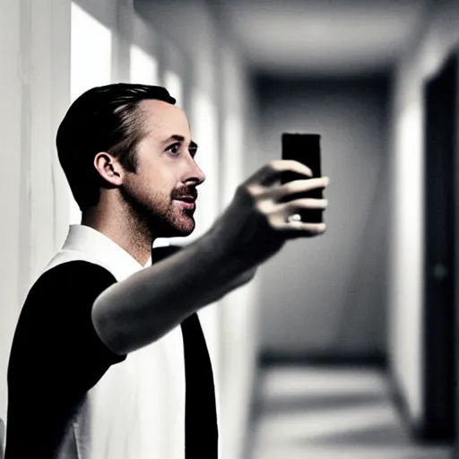 Image similar to !dream Ryan gosling taking a selfie in the backrooms hallway, liminal spaces hallway, realistic selfie photo selfie