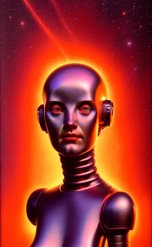 Prompt: friendly, curvey female humanoid robot, award winning, portrait bust, symmetry, faded red colors, galaxy background, tim hildebrandt, wayne barlowe, bruce pennington, donato giancola, larry elmore, masterpiece, trending on artstation, cinematic composition, beautiful lighting, hyper detailed!!!, 8 k, oil on canvas