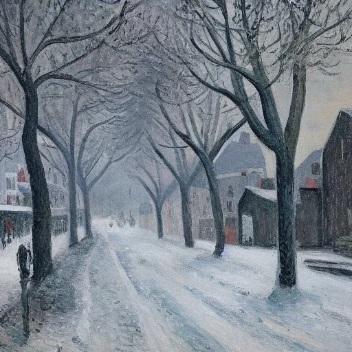Image similar to A painting of a village during a snow storm, streets, (pedestrians), trees, Camille Pissarro, ((unreal engine)), ((Christmas tree))