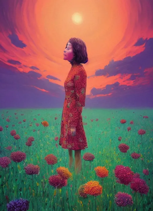 Image similar to portrait of a woman, face made of giant carnation, flower field, surreal photography, sunset dramatic light, impressionist painting, colorful clouds, large sky, digital painting, artstation, simon stalenhag