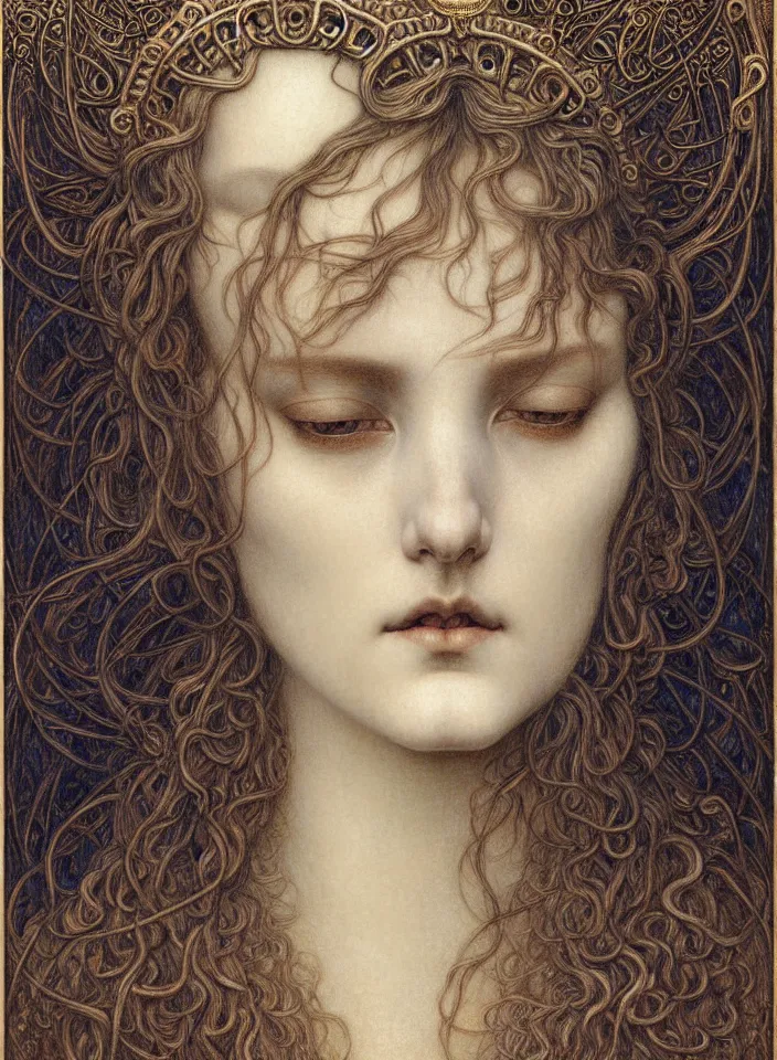 Image similar to detailed realistic beautiful young medieval queen face portrait by jean delville, gustave dore and marco mazzoni, art nouveau, symbolist, visionary, gothic, pre - raphaelite. horizontal symmetry