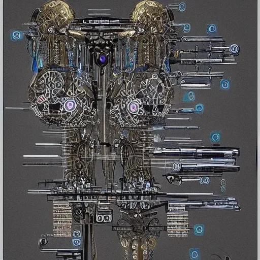 Image similar to schematic blueprint of highly detailed ornate filigreed convoluted ornamented elaborate cybernetic medical equipment, art by da vinci