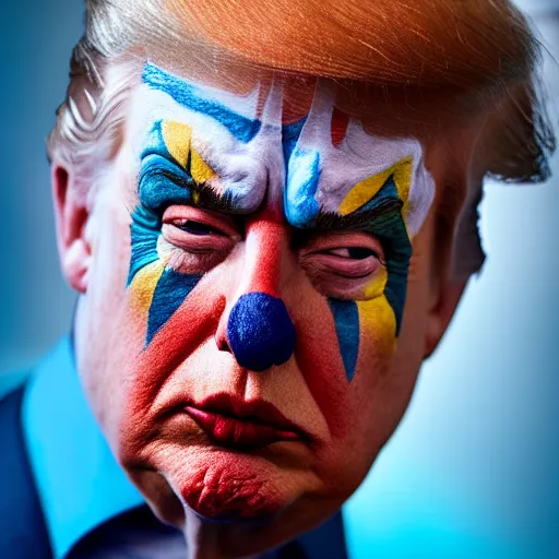 Image similar to Trump wearing clown makeup, XF IQ4, 150MP, 50mm, f/1.4, ISO 200, 1/160s, natural light, Adobe Photoshop, Adobe Lightroom, DxO Photolab, polarizing filter, Sense of Depth, AI enhanced, HDR