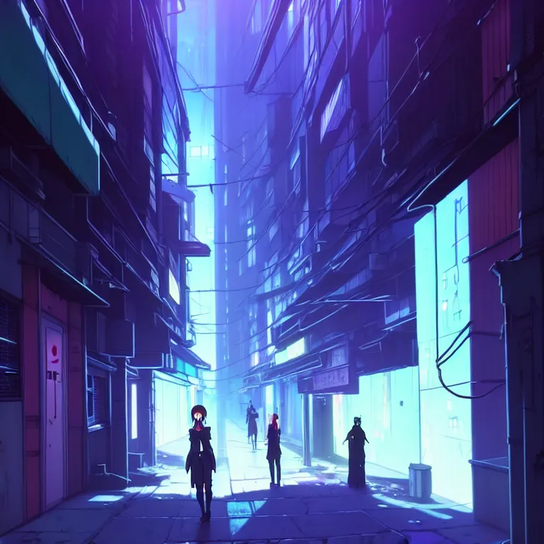 Image similar to city alleyway in the atmospheric cyberpunk anime film, gouache matte background painting, neon noir, at night with lights, by makoto shinkai, in the anime series ergo proxy, beautiful specular edge highlights and rim lighting