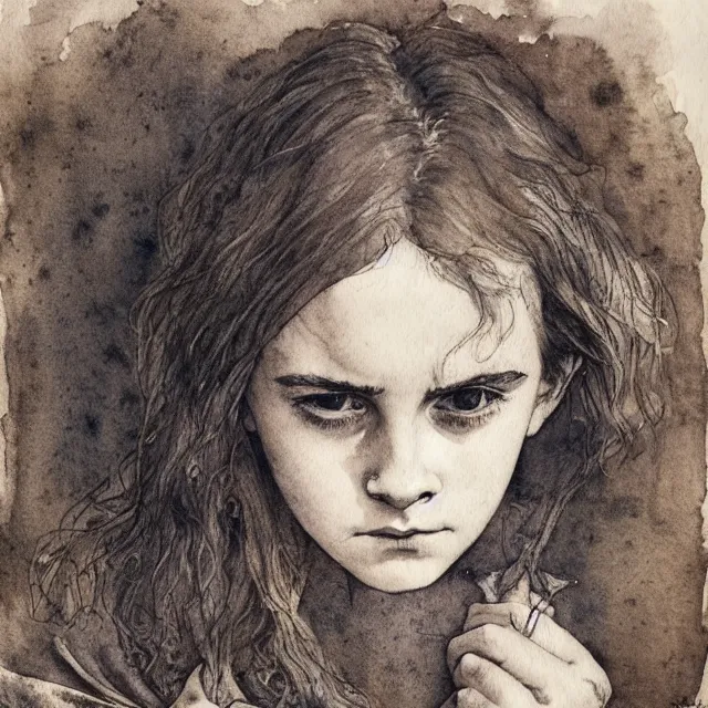 Prompt: a detailed, intricate watercolor and ink portrait illustration with fine lines of frightened, scared young 1 4 year old emma watson, crying face contorted with fear, by arthur rackham and edmund dulac and lisbeth zwerger