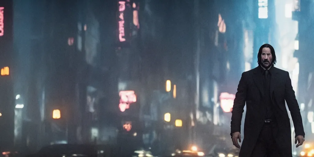 Image similar to a still of John Wick in Blade Runner 2049, 4k, detailed face, realistic face, cinematic lighting