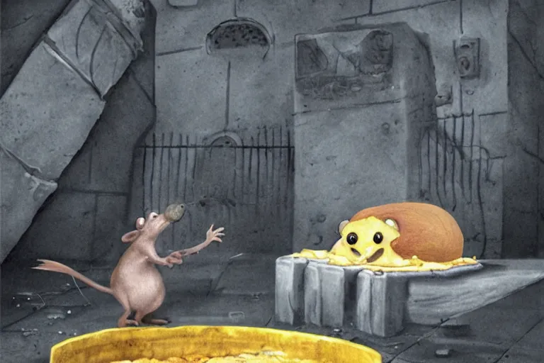 Image similar to a giant creepy rat eating cheese in a sewer, photo - realistic, hyper realism,