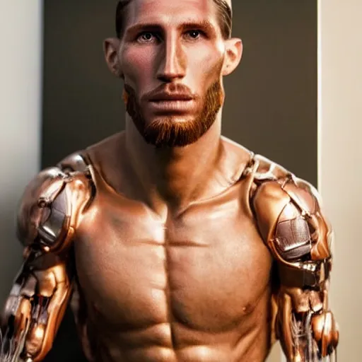 Image similar to a realistic detailed photo of a guy who is an attractive humanoid who is half robot and half humanoid, who is a male android, soccer player sergio ramos, shiny skin, posing like a statue, blank stare, in a living room, on display, showing off his muscles