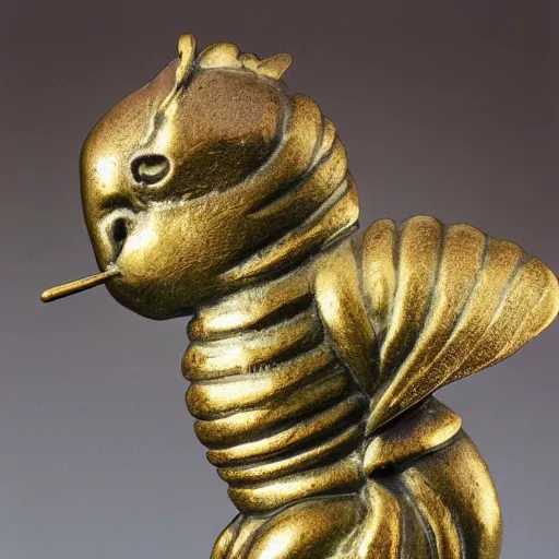 Prompt: Brass statue of a bee sitting on a flower, collecting pollen. Highly detaild, museum photograph