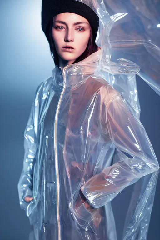 Image similar to an ultra high definition professional high fashion portrait studio full length photograph of a model wearing a transparent pearlescent raincoat and neon visor in an icelandic black rock environment at dawn. no artefacts. extremely detailed. stark. refraction. shallow depth of field. volumetric light and shadow. ray tracing. light rays.