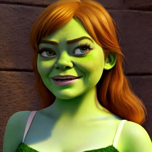 Image similar to Emma Stone as a female Shrek, Shrek features, fully detailed, high quality , 4k , octane render , soft lightening , masterpiece