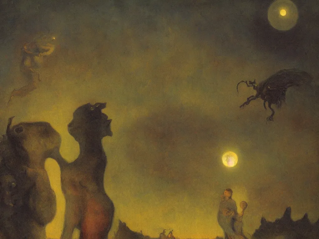 Prompt: dramatic lighting surreal symbolist oil painting titled'mama here comes midnight with the dead moon in its jaws ', magical realism symbolist, wooded landscape with hybrid animal figures, painted by arnold bocklin and odilon redon and max ernst, shocking detail trending on artstation 8 k