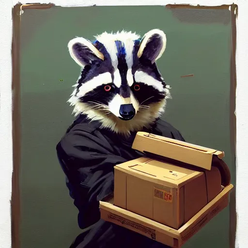 Image similar to greg manchess painting of a trash panda character, holding a box of cables and standing next to old electronic equiptment, medium shot, asymmetrical, profile picture, organic painting, sunny day, matte painting, bold shapes, hard edges, street art, trending on artstation, by huang guangjian and gil elvgren and sachin teng