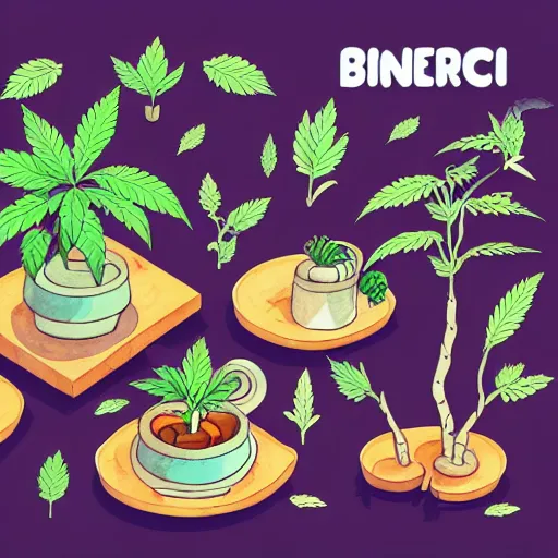 Image similar to isometric cute cartoon illustration bar, decorated with only cute detailed cannabis leaves in two ceramic pots, tables, utopian simple frontage, 2 cute characters, cute poster, beautiful composition pleasing palette by will barnet, watercolor art, hyperrealistic style, inked digital, render fun cartoon