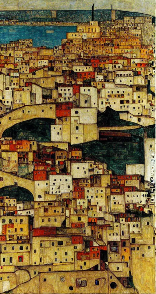 Prompt: a city in south of iran with a bridge, painting by egon schiele