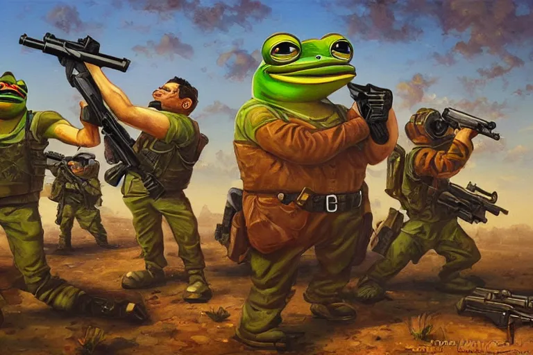 Prompt: portrait of pepe the frog and josef stalin with guns fighting a drug cartel, an oil painting by ross tran and thomas kincade